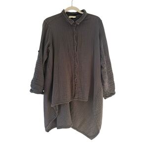 STARK 100% Cotton Gauze Tunic Top L – Charcoal Crinkle Button Front Hi-Low Hem